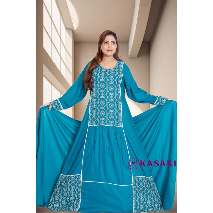 Robe Maxi Kasaki Turquoise à Motifs Brodés et Dentelle
